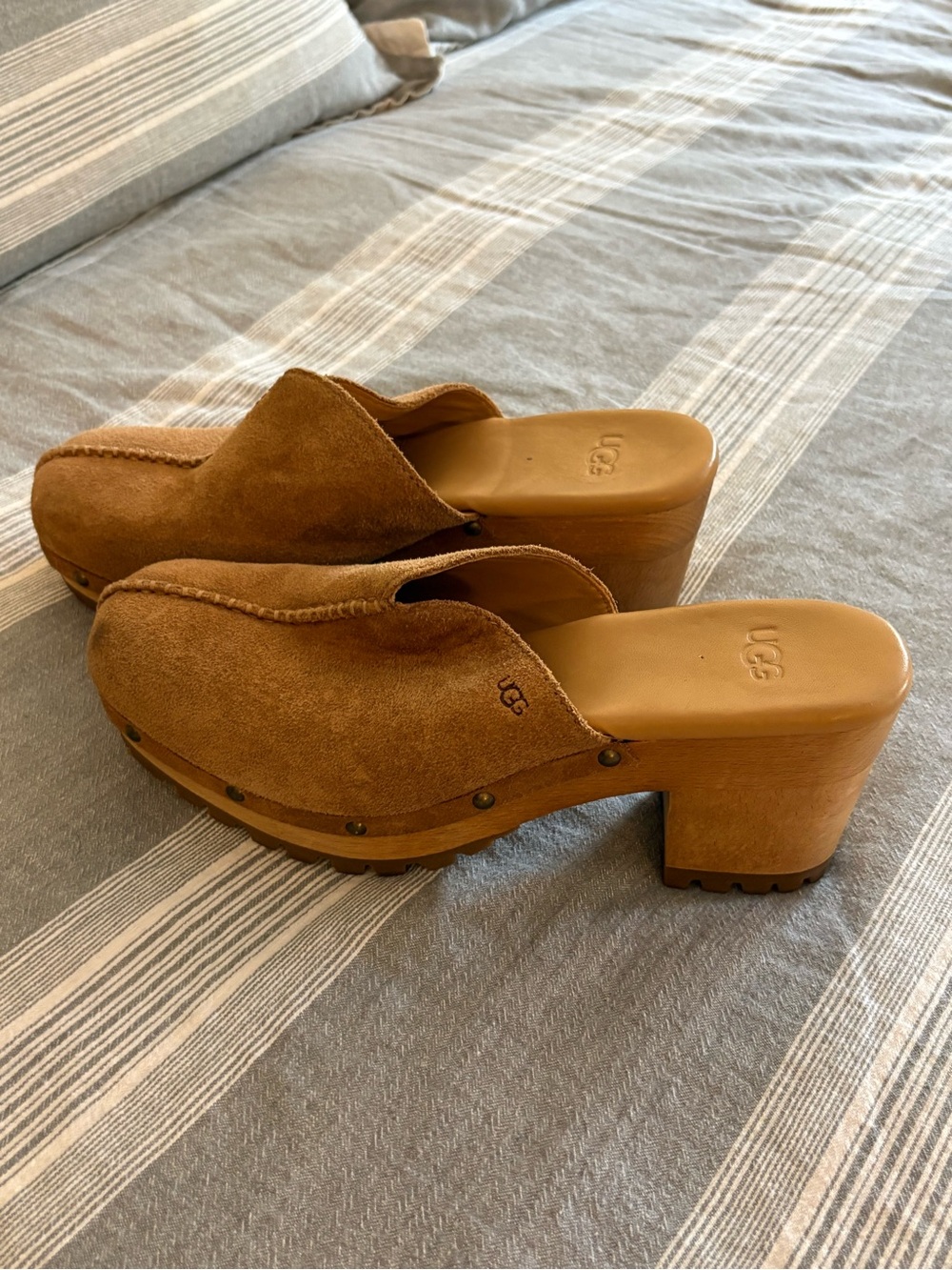 UGG Chestnut Suede Studded Clog Heels